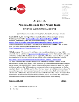 AGENDA PENINSULA CORRIDOR JOINT POWERS BOARD Finance Committee Meeting