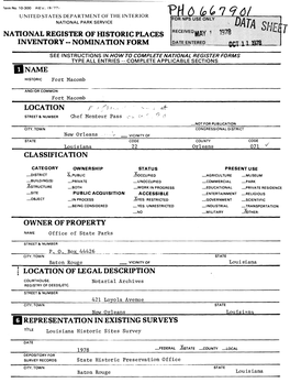 Nomination Form I Name Location Owner of Property