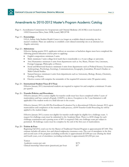 Amendments to 2010-2012 Master's Program Academic Catalog