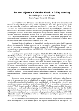 Indirect Objects in Calabrian Greek: a Fading Encoding Saverio Dalpedri, Astrid Rümper Georg-August-Universität Göttingen