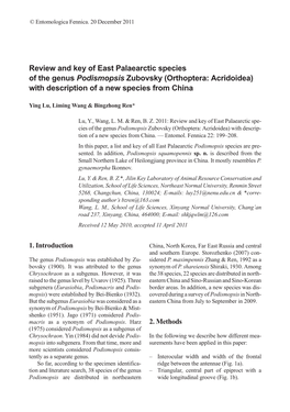 Review and Key of East Palaearctic Species of the Genus Podismopsis Zubovsky (Orthoptera: Acridoidea) with Description of a New Species from China