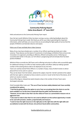 Community Policing Report Calne Area Board – 6Th June 2017