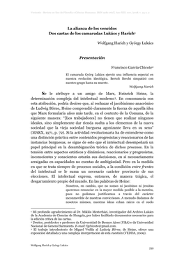 La Alianza De Los Vencidos Dos Cartas De Los Camaradas Lukács Y Harich1