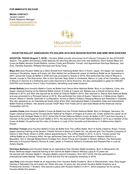 Houston Ballet Announces Its Golden 2019-2020 Season Roster and Nine New Dancers