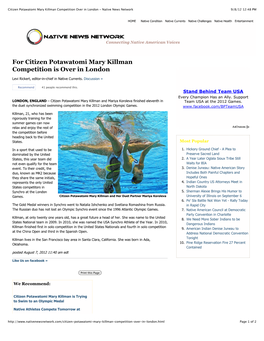 Citizen Potawatomi Mary Killman Competition Over in London - Native News Network 9/8/12 12:48 PM