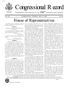 Congressional Record United States Th of America PROCEEDINGS and DEBATES of the 108 CONGRESS, FIRST SESSION