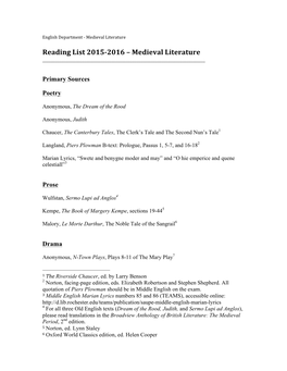 Reading List 2015-‐2016 – Medieval Literature