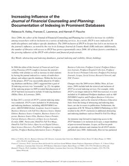 Increasing Influence of the Journal of Financial Counseling and Planning: Documentation of Indexing in Prominent Databases