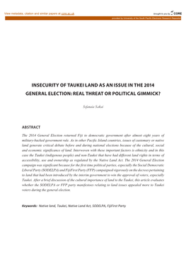Insecurity of Taukei Land As an Issue in the 2014 General Election: Real Threat Or Political Gimmick?