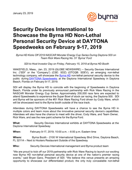 Security Devices International to Showcase the Byrna HD Non-Lethal Personal Security Device at DAYTONA Speedweeks on February 9-17, 2019