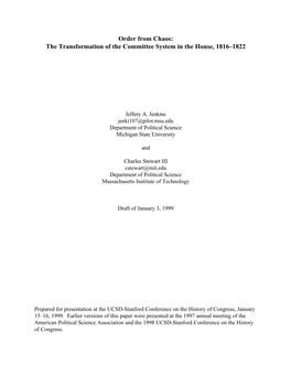 Order from Chaos: the Transformation of the Committee System in the House, 1816–1822