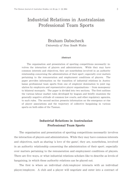 Industrial Relations in Australasian Professional Team Sports