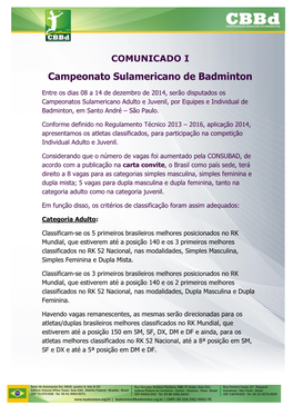 COMUNICADO I Campeonato Sulamericano De Badminton