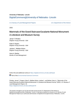 Mammals of the Grand Staircase-Escalante National Monument: a Literature and Museum Survey