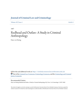 Redhead and Outlaw: a Study in Criminal Anthropology Hans Von Hentig