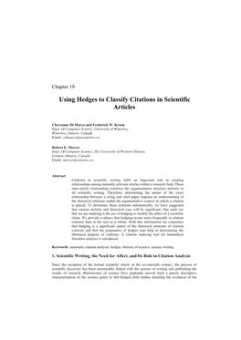 19. Using Hedges to Classify Citations in Scientific Articles Chrysanne Di Marco, Frederock W