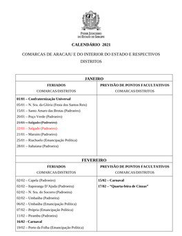 Calendário 2021 Comarcas De Aracaju E Do Interior Do Estado E Respectivos Distritos Janeiro