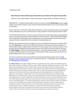 15 September 2020 Silicon Photonics Pioneer Michal Lipson Elected 2021 Vice President of the Optical Society (OSA) Lipson To