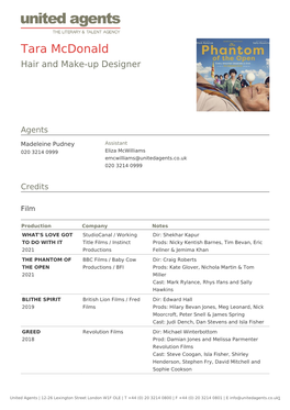 Tara Mcdonald Hair and Make-Up Designer