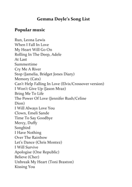 Gemma Doyle's Song List Popular Music