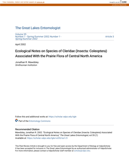 Ecological Notes on Species of Cleridae (Insecta: Coleoptera) Associated with the Prairie Flora of Central North America