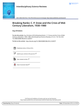 Breaking Ranks: C. P. Snow and the Crisis of Mid-Century Liberalism, 1930–1980 Guy Ortolano New York University, USA