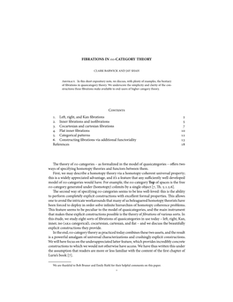 FIBRATIONS in ∞-CATEGORY THEORY Contents 1. Left, Right, and Kan Fibrations 2 2. Inner Fibrations and Isofibrations 5 3. Coca