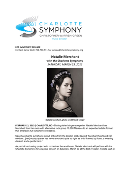 Natalie Merchant with the Charlotte Symphony SATURDAY, MARCH 23, 2013