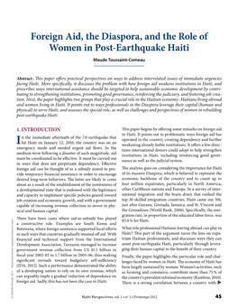 Foreign Aid, the Diaspora, and the Role of Women in Post-Earthquake Haiti Maude Toussaint-Comeau