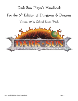 Dark Sun Player's Handbook for the 5Th Edition of Dungeons & Dragons