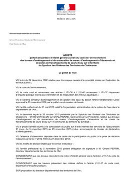 PRÉFET DE L'ain ARRETÉ Portant Déclaration D'intérêt Général Au Titre