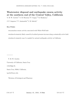 Wastewater Disposal and Earthquake Swarm Activity at the Southern End of the Central Valley, California T