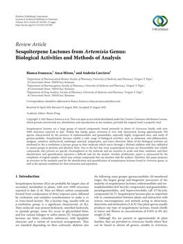 Review Article Sesquiterpene Lactones from Artemisia Genus: Biological Activities and Methods of Analysis