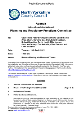 (Public Pack)Agenda Document for Planning and Regulatory Functions Committee, 13/04/2021 10:00