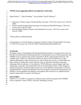 VPS29 Exerts Opposing Effects on Endocytic Viral Entry 2 3 4 Daniel Poston1,2*, Yiska Weisblum1*, Alvaro Hobbs1, Paul D