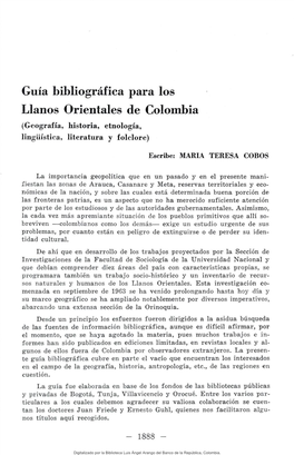 Guía Bibliográfica Para Los Llanos Orientales De Colombia (Geografía, Historia, Etnología, Lingüística, Literatura Y Folclore)