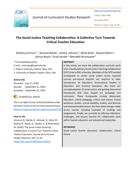 Journal of Curriculum Studies Research the Social Justice Teaching Collaborative: a Collective Turn Towards Critical Teacher Ed