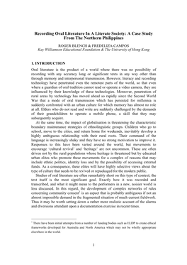 Recording Oral Literature in a Literate Society: a Case Study from the Northern Philippines