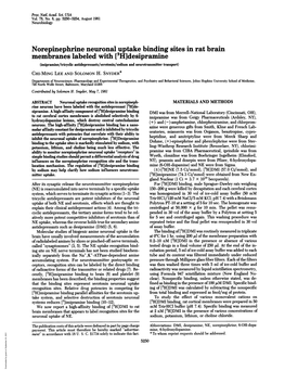 Norepinephrine Neuronal Uptake Binding Sites in Rat Brain