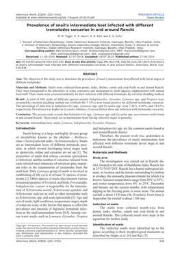 Prevalence of Snail's Intermediate Host Infected with Different Trematodes