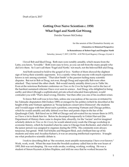 Getting Over Naïve Scientism C. 1950: What Fogel and North Got Wrong Deirdre Nansen Mccloskey