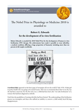 The Nobel Prize in Physiology Or Medicine 2010 Is Awarded To