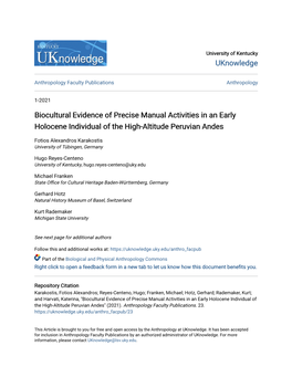 Biocultural Evidence of Precise Manual Activities in an Early Holocene Individual of the High-Altitude Peruvian Andes