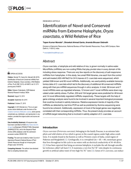 Identification of Novel and Conserved Mirnas from Extreme Halophyte, Oryza Coarctata, a Wild Relative of Rice