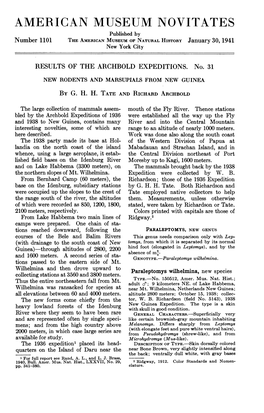 AMERBICAN MUSEUM NOVITATES Published by Number 1101 the AMERICAN MUSEUM of NATURAL HISTORY January 30, 1941 New York City