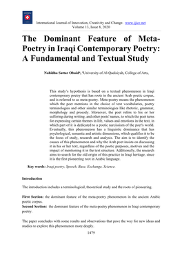 The Dominant Feature of Meta- Poetry in Iraqi Contemporary Poetry: a Fundamental and Textual Study