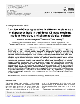 A Review of Ginseng Species in Different Regions As a Multipurpose Herb in Traditional Chinese Medicine, Modern Herbology and Pharmacological Science