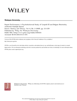 A Psychohistorical Study of Leopold III and Belgian Neutrality Author(S): Rudolph Binion Source: History and Theory, Vol