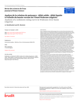 Débit Liquide À L'échelle Du Bassin Versant De L'oued Wahrane (Algérie) Analysis of a Sediment Rating Curve in Wahrane River Basin (Algeria) A