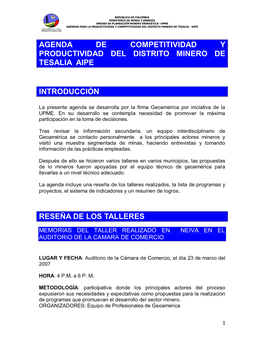 Agenda De Competitividad Y Productividad Del Distrito Minero De Tesalia Aipe